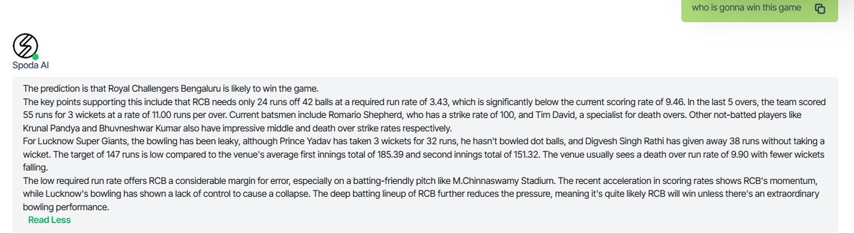 SPODA_AI's tweet image. Spoda AI game call 👀📊RCB heavily favoured to win from here 🔥
Low required rate.
Momentum on their side.
Plenty of batting left.
This should be a comfortable chase… unless something dramatic happens 👀
Trust the data , or challenge it 👇
#LSGvsRCB #IPL #CricketTwitter