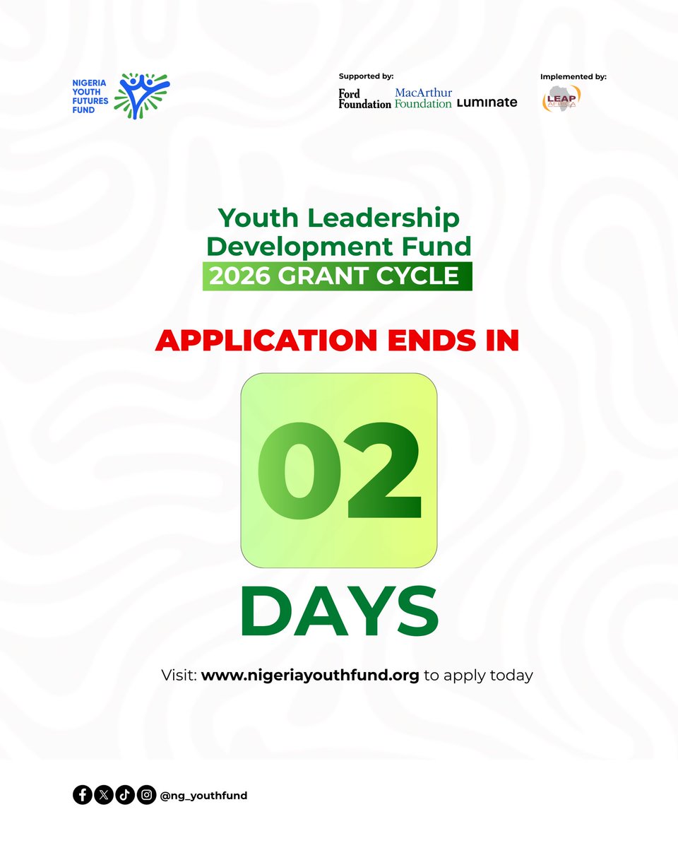 ng_youthfund's tweet image. Only 2 days to go.

If you are committed to advancing inclusive leadership, strengthening communities, and shaping a better future, now is the time to act. Your ideas matter, and your impact is needed.

Submit your application today: nigeriayouthfund.org

#NYFF #YLDF2026