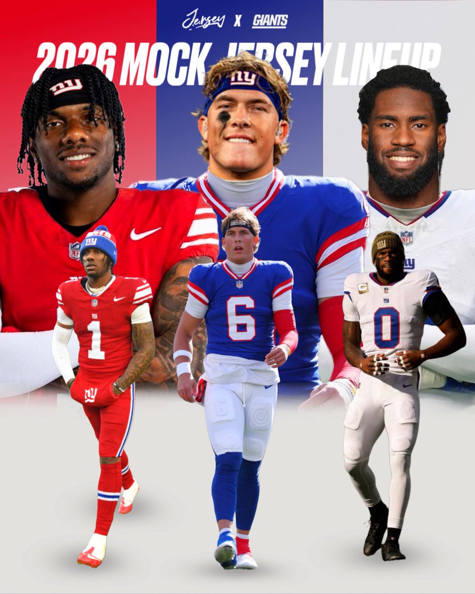 DulCarter_'s tweet photo. With all the recent NFL jersey changes, I decided to do all Giant fans a favor and make a Mock Jersey Lineup for the @Giants featuring @whyguard13, @JaxsonDart &amp; @Fire_Burns99 https://t.co/slCL9FfRb3