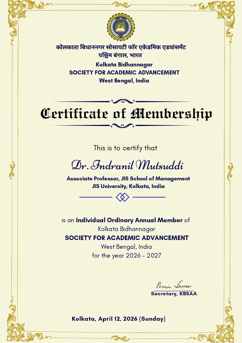 authorindranil's tweet image. Honoured to join the Kolkata Bidhannagar Society for Academic Advancement (2026–27).
Grateful to Prof. Dr. Pema Lama. Looking forward to contributing.
#Gratitude #Academic