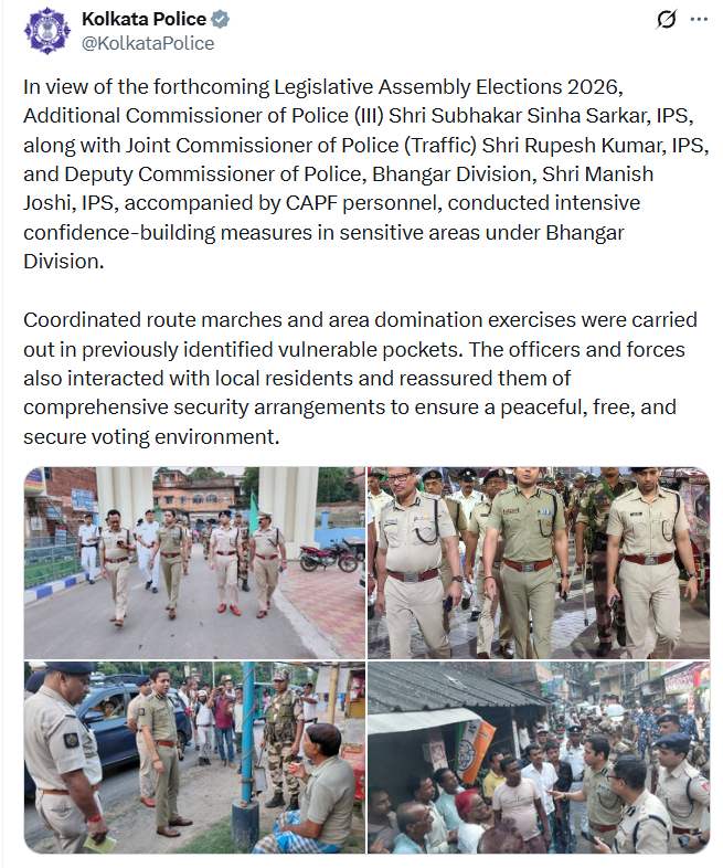 univartaindia1's tweet image. कोलकाता में आगामी विधानसभा चुनाव 2026 को देखते हुए भांगड़ डिवीजन में सुरक्षा व्यवस्था को मजबूत करने के लिए पुलिस और केंद्रीय सशस्त्र पुलिस बल (CAPF) द्वारा व्यापक स्तर पर फ्लैग मार्च और एरिया डोमिनेशन अभियान चलाया गया।

#WestBengal | #Bangar | #Elections2026 | #AssemblyElections
