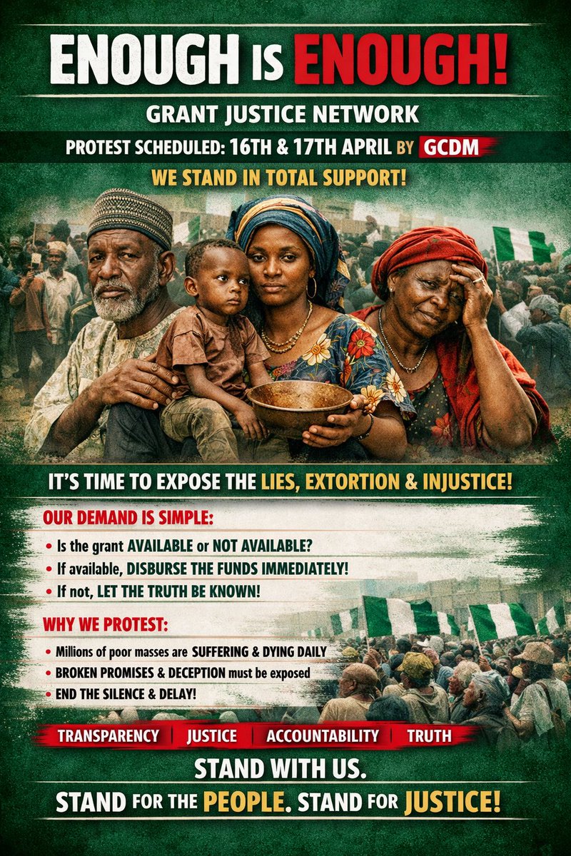 The Grant Justice Network stands firmly behind the scheduled GCDM protest on 16th &amp; 17th April.  
We support every peaceful effort to expose injustice, corruption, and deception in the grant community.
 #GCDMProtest  #Nigeria  
<a href="/cenbank/">Central Bank of Nigeria</a>, <a href="/officialEFCC/">EFCC Nigeria</a>, <a href="/IMFNews/">IMF</a> <a href="/IntlCrimCourt/">Int'l Criminal Court</a>