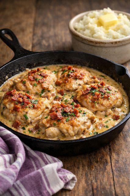 Amelia2325's tweet image. Creamy Bacon Chicken Skillet ❤️

Crispy bacon, tender chicken, and a rich, creamy sauce—perfect over mashed potatoes! 
See Recipe Here:  buff.ly/JHfJUrG 

#ComfortFood #ChickenDinner #EasyRecipes