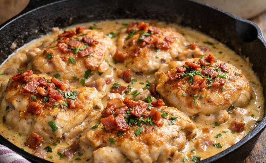 Amelia2325's tweet image. Creamy Bacon Chicken Skillet ❤️

Crispy bacon, tender chicken, and a rich, creamy sauce—perfect over mashed potatoes! 
See Recipe Here:  buff.ly/JHfJUrG 

#ComfortFood #ChickenDinner #EasyRecipes
