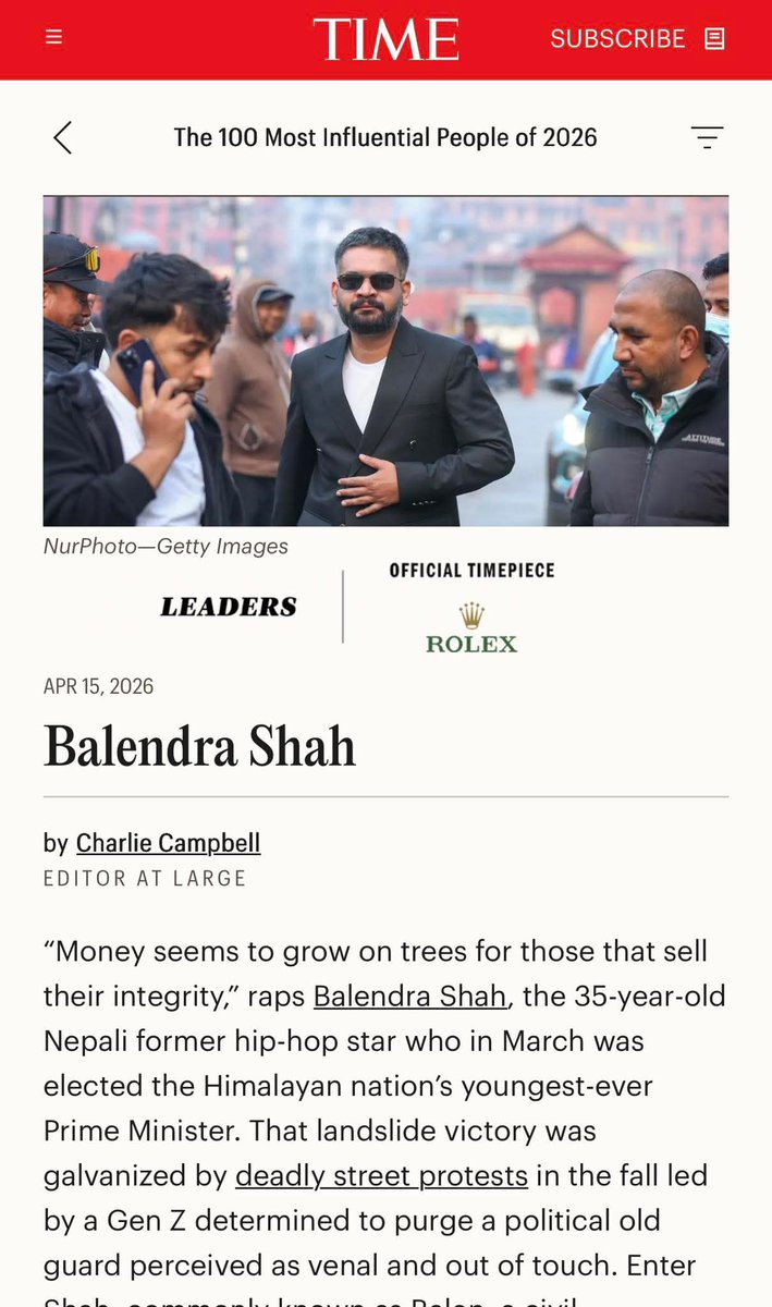 ➖हामी सबैका लागि गर्व र प्रेरणाको ऐतिहासिक क्षण 🇳🇵✨ 
➖प्रधानमन्त्री वालेन्द्र शाहज्यूलाई “२०२६ का १०० सबैभन्दा प्रभावशाली व्यक्तिहरू” को सूचीमा ‘नेतृत्व’ श्रेणीअन्तर्गत समावेश गरिनु हामी सबैका लागि ठूलो प्रेरणाको स्रोत बनेको छ🙏
#proudnepal  #NepalOnTo #PMBalendraShah