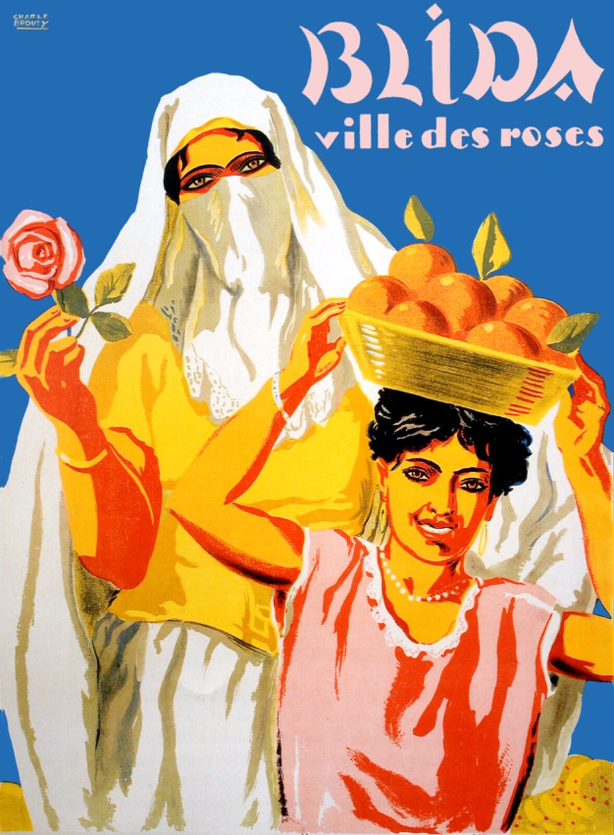 LaDjazairiya's tweet photo. **#Blida: City of Roses** (c. 1930)
Vintage poster featuring a woman in a traditional **#Haik** holding a rose, alongside a young girl carrying a basket of oranges.
A nostalgic tribute to the floral heritage and lush agricultural soul of the #Algerian "City of Roses." 🌹 https://t.co/frdgnTk9Ue