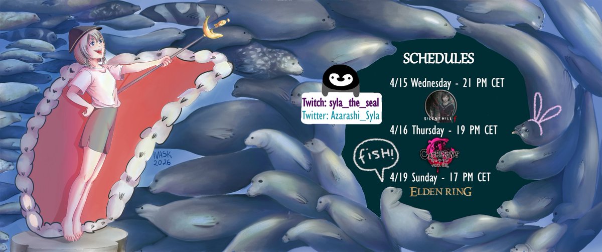 Azarashi_Syla's tweet photo. Behold the brand new template for my schedules! 🌺🦭🌺Thanks for the drawing again Tuhkur! @ELDENRING @CatherineGame @SilentHillf https://t.co/pz2f70dXKr