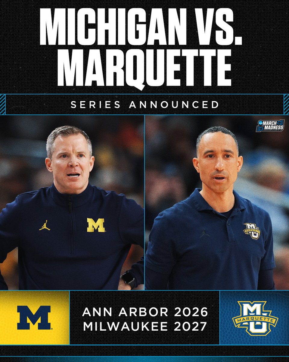 MarchMadnessMBB's tweet photo. Michigan and Marquette have agreed to a home-and-home series beginning with a matchup in Ann Arbor in 2026 ⚔️ https://t.co/qOJVPjHknH