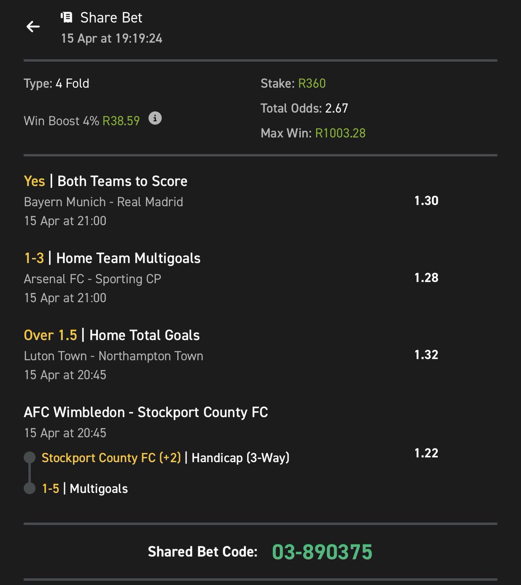Wednesday Night Diski, T1⚽️🏟️

Kick off🕐: 20:45

Booking Code🧾: 03-890375

Use My Promo Code🎯: RICKY50

👉🏾See bio for more details

🆘18+ Only | T&amp;Cs Apply