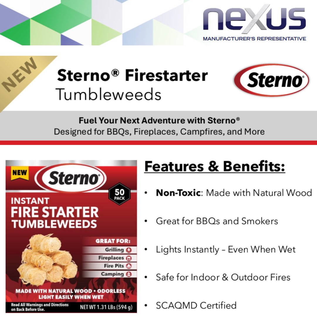nexus_salesmark's tweet photo. Sterno's "Fire Starter" products are perfect for BBQ grills, smokers, kamado style grills, pizza ovens and more! These starters burn cleaner and are also completely odorless. For more information simply click on the link below to download the brochure.  https://t.co/mZ2yrxRkia https://t.co/04VPYrsFaQ