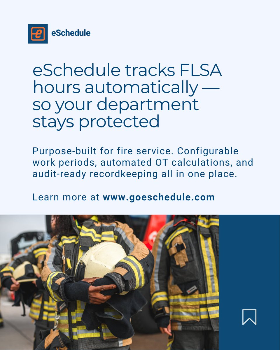 Is your fire department FLSA compliant? One mistake with 7(k) can mean back-pay liability. eSchedule automates it. 

→ goeschedule.com 

#eSchedule #FireDept #FLSA #PublicSafety #FirstResponders #ShiftScheduling #Overtime #GovTech