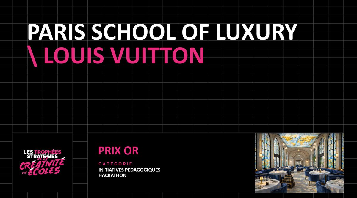 Strategies's tweet image. Catégorie Initiatives pédagogiques - Hackathon, un #OR est attribué à @Paris_Luxury_ pour le projet « Le futur de l’hospitalité Louis Vuitton par la jeune création », un cas réel pour l’ouverture du premier hôtel Louis Vuitton. Félicitations !  #gpstrat #tropheesecoles