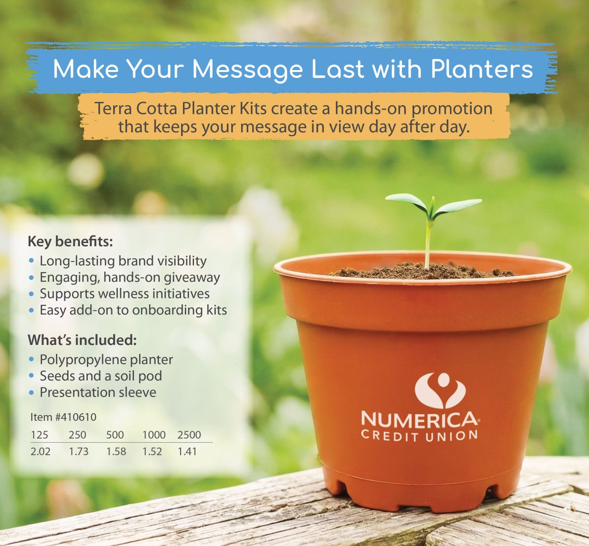 FieldsMfg's tweet photo. The main benefit of marketing with planters is extended brand visibility.

Recipients enjoy a hands-on experience with your brand day after day as they care for and watch their plant grow.

Each kit includes everything needed to get started.

Order today:
https://t.co/H5AJ5r15j1 https://t.co/YLj96DYLtB