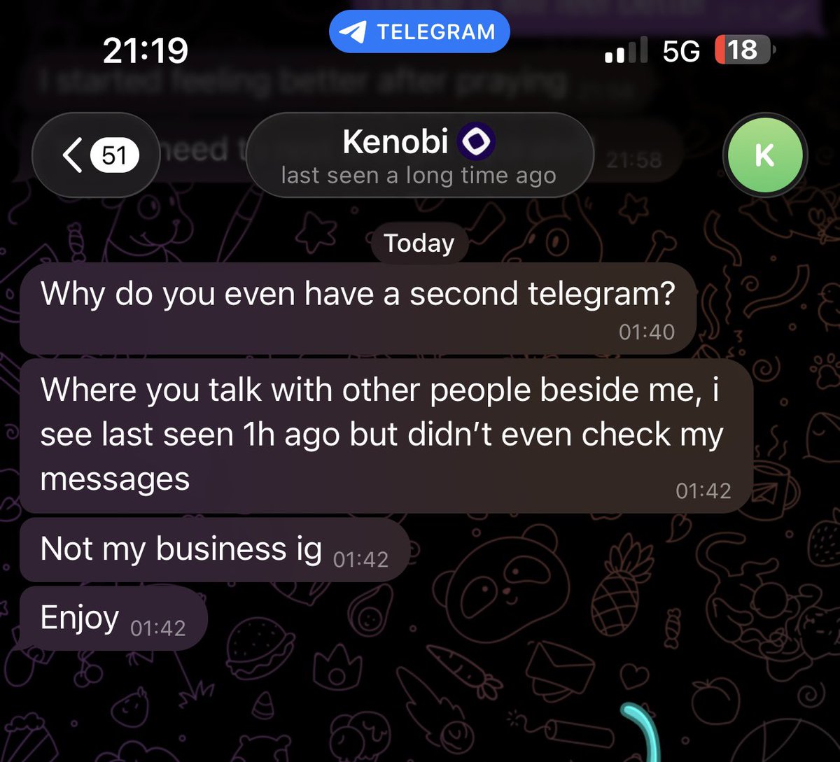 natakomart's tweet photo. @Purpman123 @kenobi_mon You can see the telegram chat today when he was jealous that Julia didn't reply him immediately and then asked him kindly about Higgsfield

I am curious when he found out Julia is a scam and golden digger 😁 https://t.co/bqo9QS6kBY