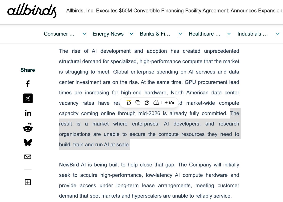 AI FOMO 到什么程度？鞋子品牌加个AI，股价上涨了700% 。

前几天看到球鞋品牌 Allbirds以几千万美元出售，它曾市值高达 40 亿美元，马云、奥巴马都爱穿，被誉为新西兰"国礼"级品牌，但讨论度并不高。  

今天 Allbirds 来了个骚操作，官方新闻稿写道：「GPU 严重短缺，我们获得了 5000