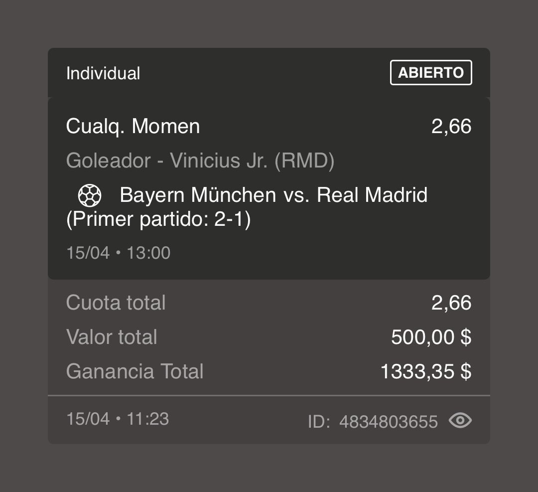 TonySantojr's tweet image. 🚨 ¡HOY COBRAMOS! 🚨
Vini Jr. anota contra el Bayern. Le metimos $500 de confianza para sacar $1,333 💸🔥 🕺🏾

🎁 ¡OJO! Usa mi código SantoJr y te DUPLICAN tu primer depósito.
Regístrate y métele aquí 👇

🔗 micasino.com/register/?pc=S…
#Picks #RealMadrid