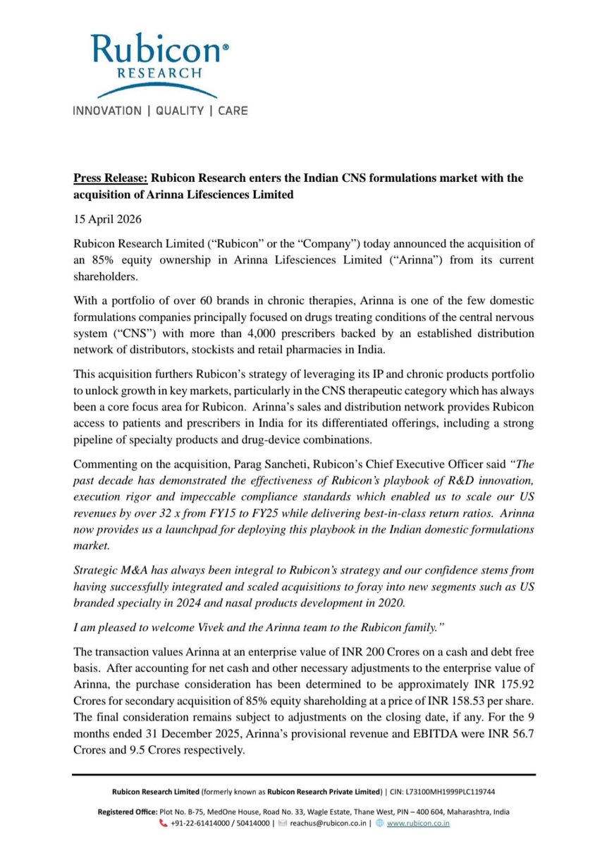 NSuresh_ECW's tweet image. Rubicon Research enters Indian CNS (Central Nervous System) Formulations Market with acquisition 85% of Arinna Lifesciences Ltd

~Arinna has a portfolio of over 60 Brands in Chronic therapies

#RubiconResearch #NervousSystem