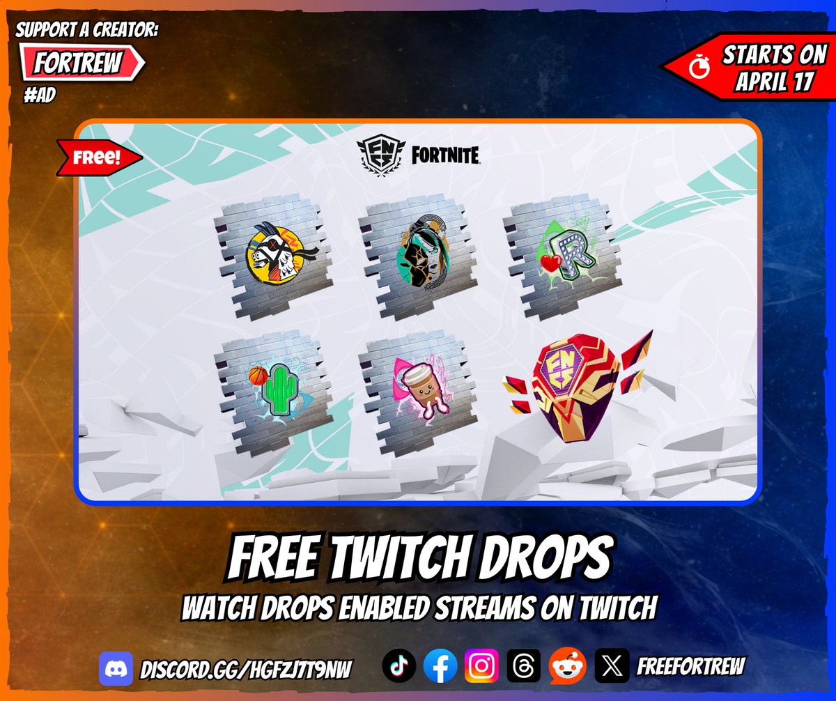 Free Twitch Drops

Watch Drops Enabled streams on Twitch.

🏆 Rewards:
• 3 Triple Threat Sprays (also available in the Triple Threat Cup)
• 2 new Sprays
• "FNCS Hunter" Back Bling (previous Twitch Drop)

📅 Starts on April 17 at 19:00 CET (Europe) and 7 PM ET.