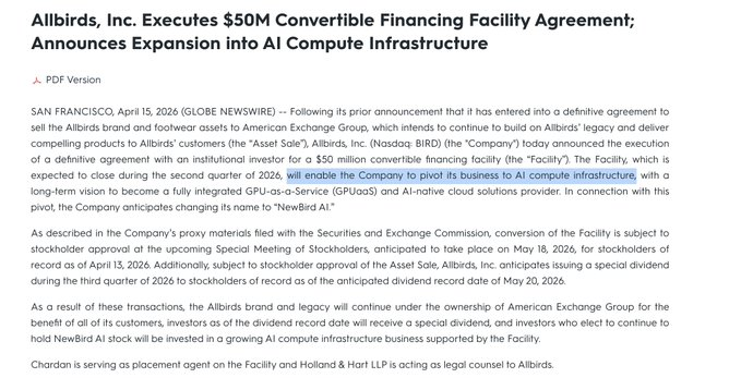QQ_Timmy's tweet image. Allbirds, Inc.（納斯達克：BIRD）於2026年4月15日宣布，已與機構投資者簽署5,000萬美元可轉換融資協議，預計第二季完成交割。

此融資將協助公司從鞋類業務全面轉型，進軍AI運算基礎設施領域，長期目標成為GPU即服務（GPUaaS）及AI原生雲端解決方案提供者，並計劃更名為「NewBird AI」。