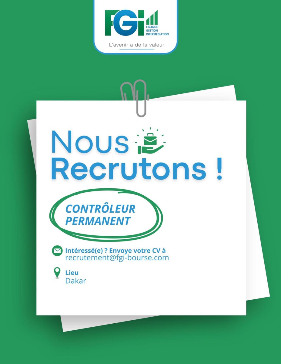 BourseFgi's tweet photo. Dans le cadre du renforcement de ses équipes, FGI Bourse recrute un(e) Contrôleur Permanent.

Rejoindre FGI, c’est intégrer un acteur de référence du marché financier de l’UEMOA et évoluer dans un environnement dynamique.

📩 Candidatures ouvertes jusqu’au 08 mai 2026. https://t.co/E5s37Yj8rF