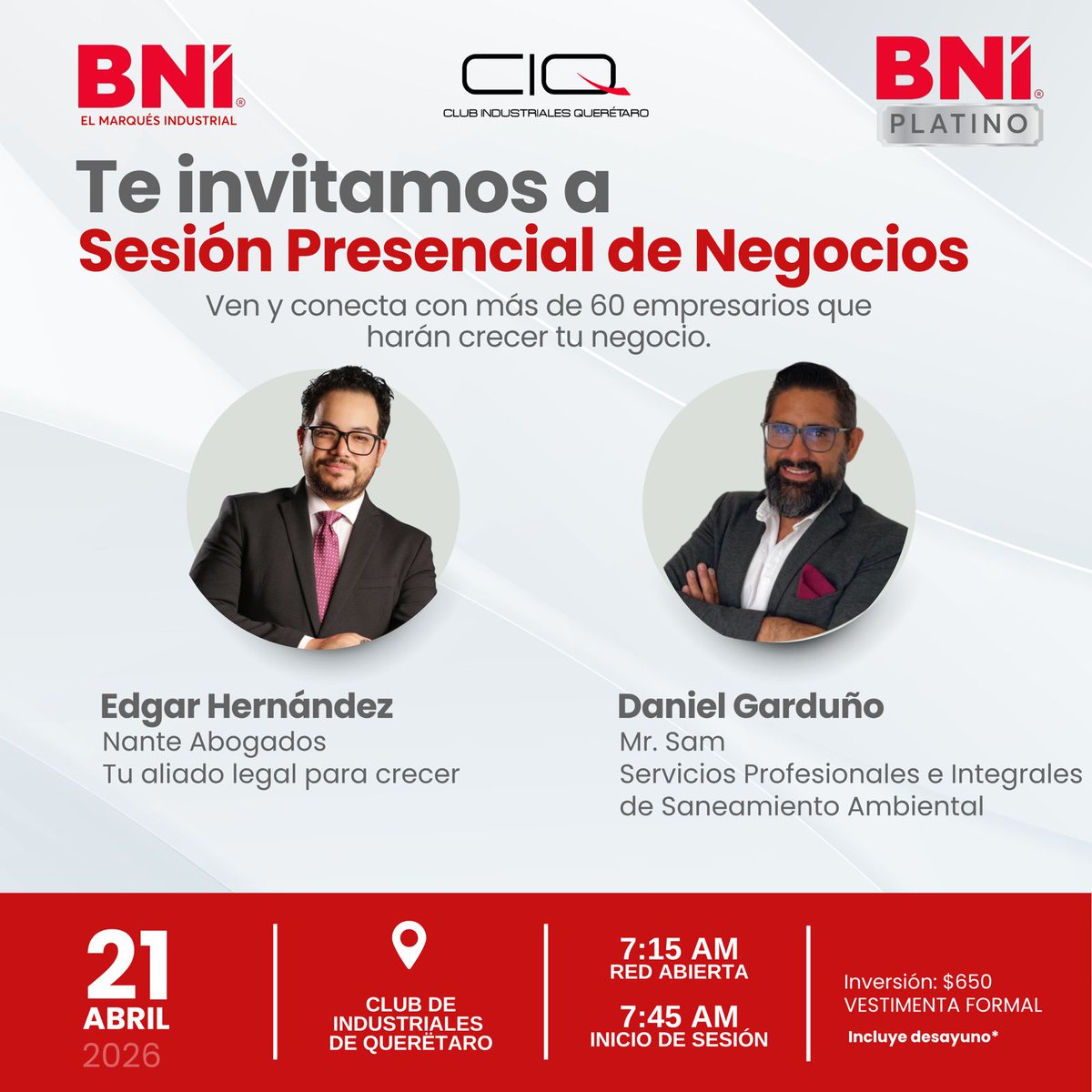 ValenciaBernal's tweet photo. 🚀 Empresarios de Querétaro:

📅 Mar 21 abril
🕢 7:15 a.m.
📍 Club de Industriales
👥 +70 empresarios
🤝 Networking que SÍ genera negocio
🎤
⚖️ Edgar Hernández – Nante Abogados
🌱 Daniel Garduño – Mr. Sam

📲 Reserva: 4428787185
⚠️ Cupo limitado
#BNI #Networking #Empresarios https://t.co/cC5HarflyZ