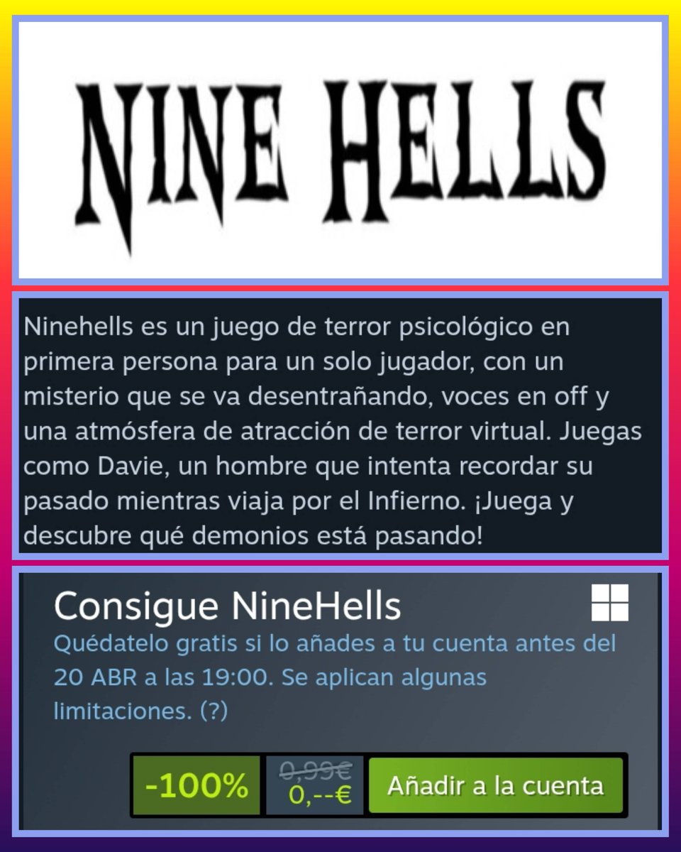 JUEGOSYDISFRUTE's tweet image. ¿ Te atreverás a atravesar el infierno o no ?

✅ Consigue GRATIS este juego " Nine Hells " ( 9 infiernos) si lo añades a tu cuenta de Steam antes del 20/4
✅ Enlace: store.steampowered.com/app/2860410/Ni…

Después no digas que no te lo advertí 😱🤗😱

@Steam #PCgaming #gratis #FelizMiércoles