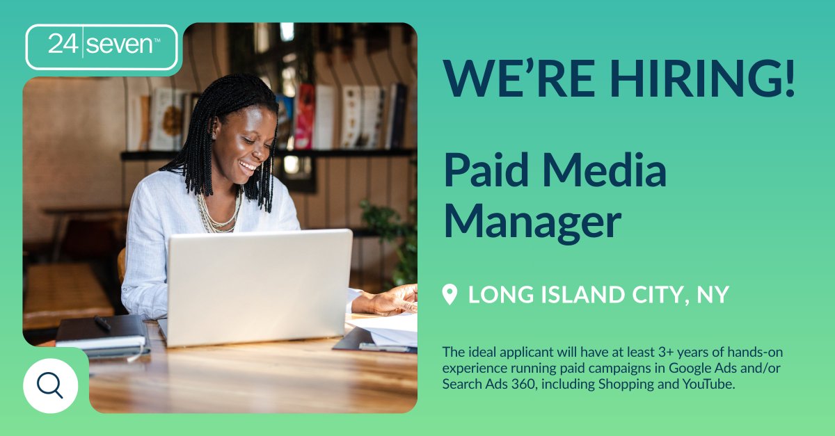 24seventalent's tweet image. Our client is seeking a Paid Media Manager to join their team! This hybrid role focuses on leading and optimizing performance-driven campaigns across search, social, and programmatic channels. Apply here: bit.ly/4cl6S6J
 
#paidmedia #digitalmarketing #sem #paidsocial