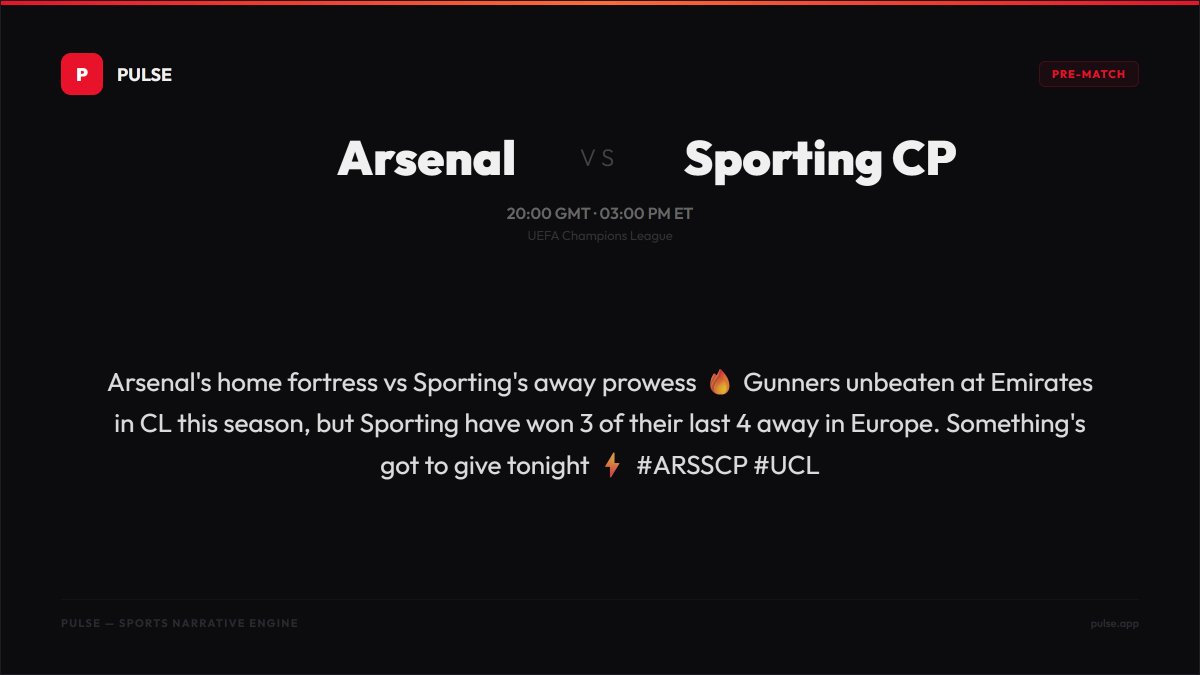 PulseMatchEN's tweet photo. 🔥 Arsenal vs Sporting CP
UEFA Champions League — 20:00 GMT · 03:00 PM ET

Arsenal's home fortress vs Sporting's away prowess 🔥 Gunners unbeaten at Emirates in CL this season, but Sporting have won 3 of their last 4 away in Europe. Something's got to give tonight ⚡… https://t.co/5KesReC8DM