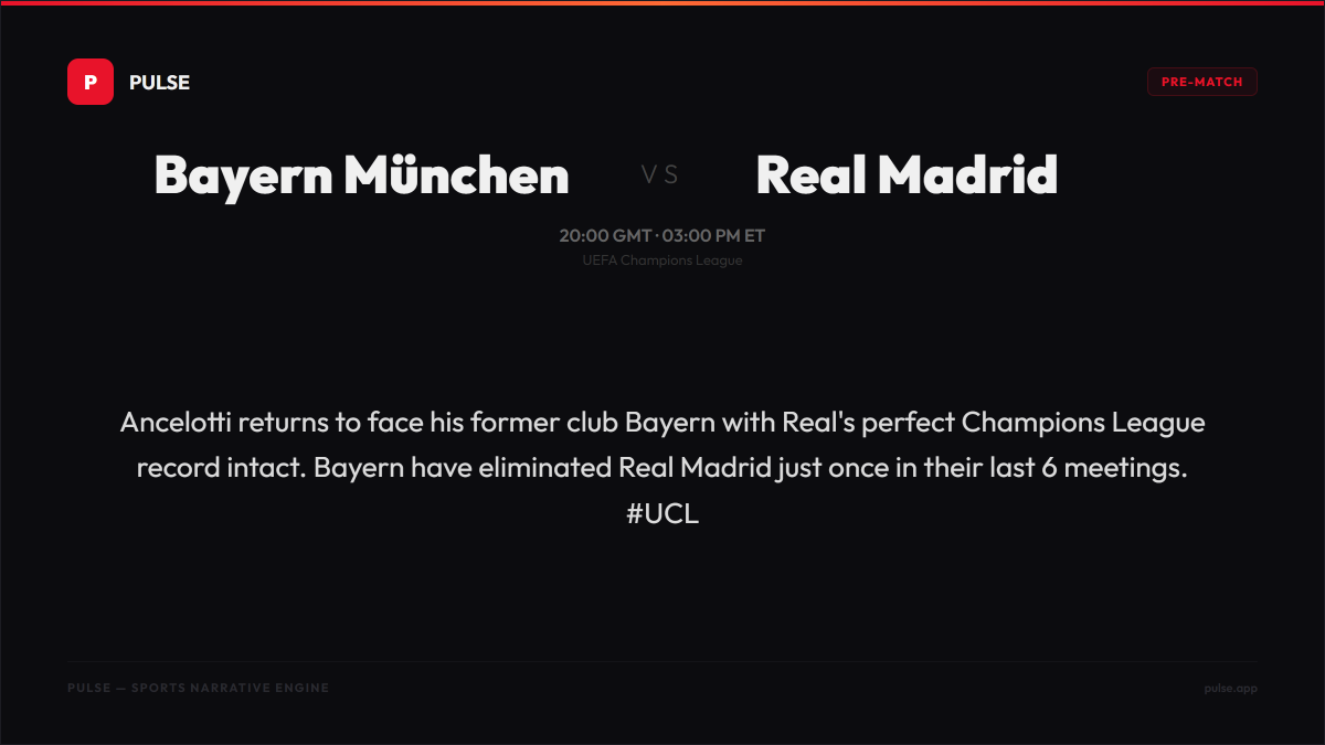 PulseMatchEN's tweet photo. 🔥 Bayern München vs Real Madrid
UEFA Champions League — 20:00 GMT · 03:00 PM ET

Ancelotti returns to face his former club Bayern with Real's perfect Champions League record intact. Bayern have eliminated Real Madrid just once in their last 6 meetings. #UCL https://t.co/ZBpHMQRzMx