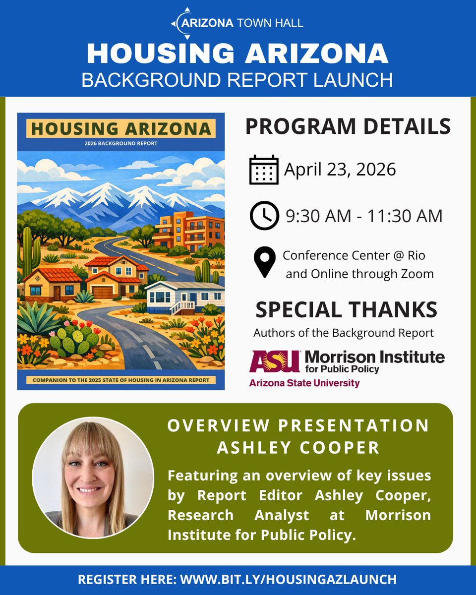AzTownHall's tweet photo. Join us on April 23rd for the launch of the Background Report on "Housing Arizona."

Program Information:

Date and Time: April 23rd, 2026. Check-In: 9:00 - 9:30 a.m. Program: 9:30 - 11:30 a.m. 

Register: https://t.co/0jpCJEzKir https://t.co/HOchuKorY6
