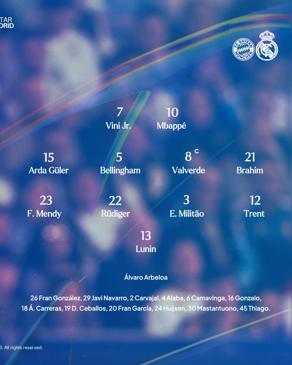 SeputarMadrid's tweet photo. 🚨 𝐎𝐅𝐅𝐈𝐂𝐈𝐀𝐋 𝐑𝐄𝐀𝐋 𝐌𝐀𝐃𝐑𝐈𝐃 𝐒𝐓𝐀𝐑𝐓𝐈𝐍𝐆-𝐗𝐈!

🏆 #UCL Quarter Final Leg 2/2
🆚 Bayern München 
🏟️ Allianz Arena
⏰ 02.00 WIB
📺 BeIN Sports &amp; Vidio. https://t.co/F7FciyD87a