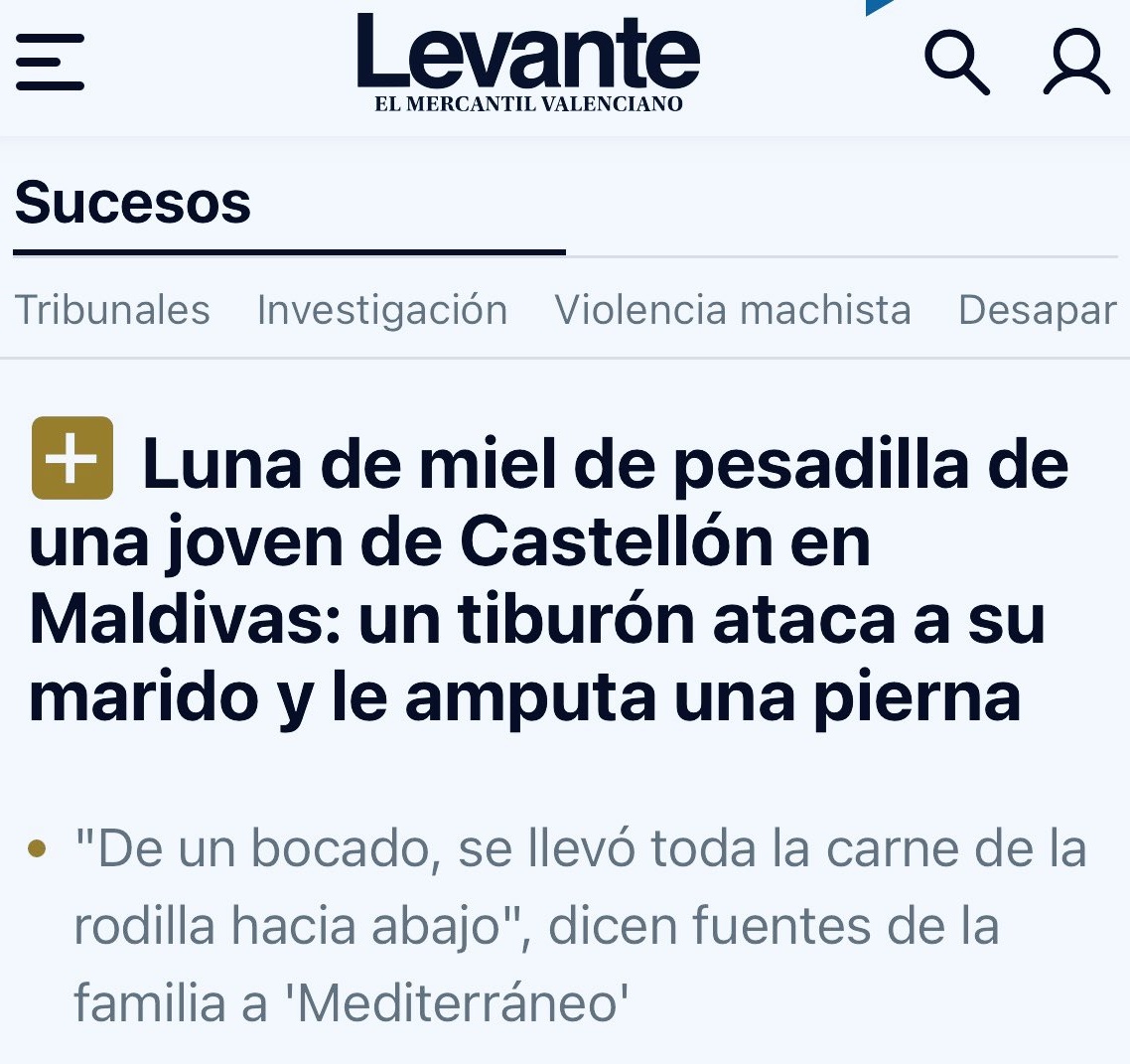 JosemaVallejo's tweet photo. Una pareja se va de luna de miel a las Maldivas.

Un tiburón arranca la pierna al marido.

Pero es ella quien pasa una "luna de miel de pesadilla".

Vivimos en un sistema patriarcal insoportable, menos mal que estamos en la edad de oro del periodismo con perspectiva de género. https://t.co/HizYL6AXMU