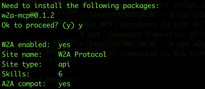 oai_official's tweet photo. The W2A MCP server ships with two CLI commands:

npx w2a-mcp@latest --url https://t.co/xXOsWg2VAj --check
npx w2a-mcp@latest --url https://t.co/xXOsWg2VAj --list

Then add to Claude Desktop config and every skill becomes a tool Claude can call. 
 https://t.co/09tBSEXVWh https://t.co/xXOsWg2VAj  
#MCP #Claude #AIAgents #OpenSource