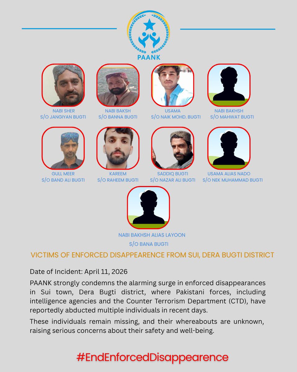 Escalating Enforced Disappearances in Sui, Dera Bugti

Date: 12 April 2026
Location: Sui, Dera Bugti

PAANK strongly condemns the alarming surge in enforced disappearances in Sui town, Dera Bugti district, where Pakistani forces, including intelligence agencies and the Counter