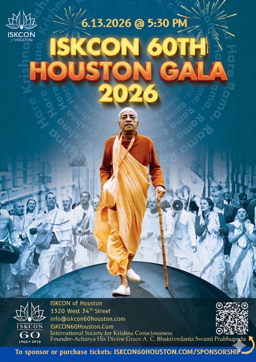 ISKCONofHouston's tweet photo. Get Ready to Celebrate! Join us: 60th Anniversary of ISKCON on 6.13.26 at 5:30 PM! A celebration honoring legacy of Srila Prabhupada and ISKCON. 

Don't miss this historic event filled with kirtan, inspiration, feast &amp; community joy!
Tickets at: https://t.co/glbxDgtlk7 https://t.co/0FtQMsA7lq