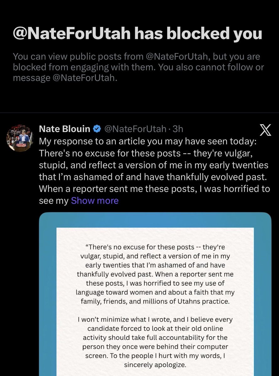 The funniest part of Nate tweeting his apology is nobody is going to see it because he’s already blocked half of the state