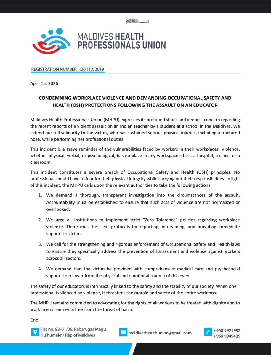MaldivesHPU's tweet photo. Statement: Condemning workplace violence and demanding occupational safety and health protections following the assault on an educator.

#OSH #decentwork #qualitycare 

@PSIasiapacific @MoEdumv @hrcmv @HomeMinistrymv @presidencymv https://t.co/EtRrnAgFut