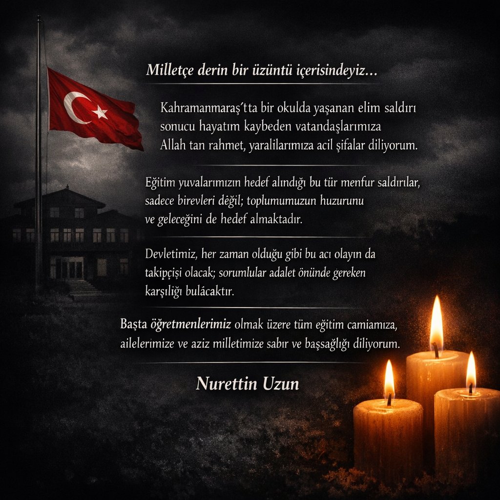 Eğitim yuvalarımızın hedef alındığı bu tür menfur saldırılar, sadece bireyleri değil; toplumumuzun huzurunu ve geleceğini de hedef almaktadır.
Başta öğretmenlerimiz olmak üzere tüm eğitim camiamıza, ailelerimize ve aziz milletimize sabır ve başsağlığı diliyorum.” #Kahramanmaraş