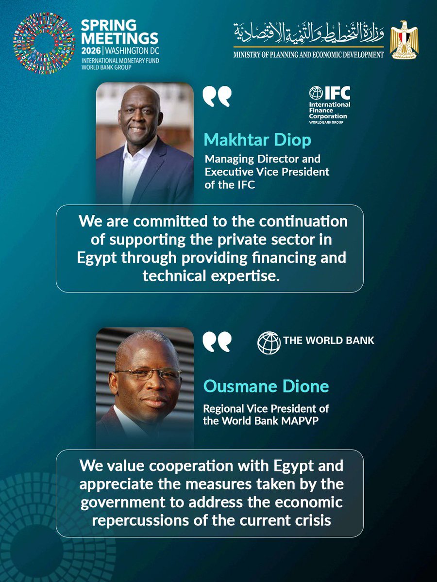 mpedegypt's tweet image. Highlight of the Minister of Planning and Economic Development’s key Meetings, During his participation in the Spring Meetings of the World Bank Group and the International Monetary Fund

#SpringMeetings #IMF #WorldBank #IMFMeetings #2026SpringMeetings