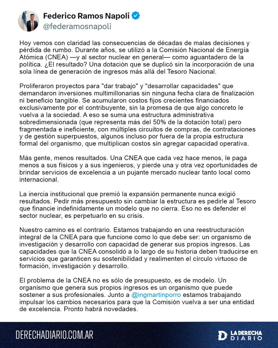 🚨🇦🇷 | El secretario de Asuntos Nucleares de Milei, Federico Napoli, denunció que durante el kirchnerismo la Comisión Nacional de Energía Atómica duplicó su personal sin generar ingresos y fue utilizada como un “aguantadero de la política”, y confirmó que el Gobierno avanza en