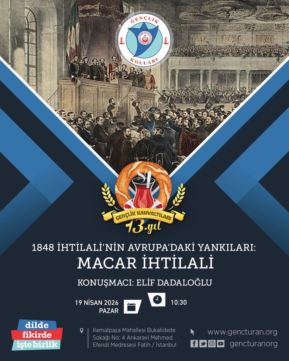 gencturanorg's tweet photo. Bu haftaki pazar kahvaltımızın ardından Elif Dadaloğlu “1848 İhtilali'nin Avrupa'daki Yankıları: Macar İhtilali” başlıklı sunumunu gerçekleştirecektir. Tüm dostlarımızı pazar kahvaltımıza bekleriz. https://t.co/2eLcHSE5jJ