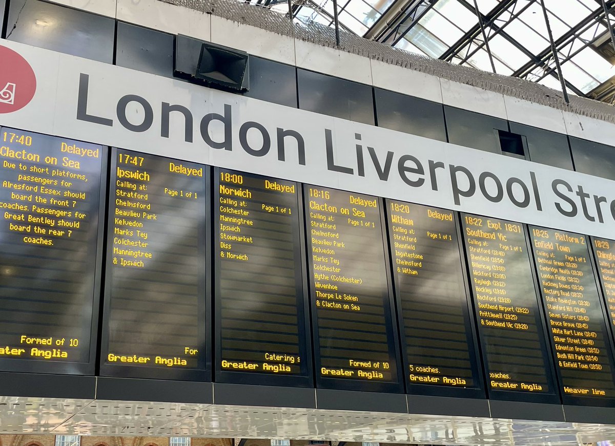 YourSouthend's tweet photo. ⚠️ Travel Alert: There is major disruption to Greater Anglia train services this evening, with huge crowds of commuters forming at London Liverpool Street.

The disruption is being caused by “overhead wire problems” between Shenfield and Chelmsford, which has resulted in the line towards Colchester being “blocked”.

Train services running between these stations may be cancelled, delayed or revised.

However, it appears that train services to Southend Victoria are also being impacted with knock-on delays. 

Network Rail response teams have been dispatched to the incident site.