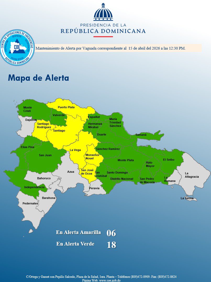 COE_RD's tweet photo. El COE mantiene 06 provincias en alerta amarilla y 17 y e Distrito Nacional en verde, debido a que el INDOMET e INDRHI, establecen que continuamos bajo condiciones meteorológicas e hidrológicas, favorables para que sigan las precipitaciones y continue aumentando la humedad. https://t.co/rpydqxzsQa