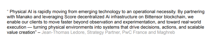 A 364,000 person consulting firm just plugged itself into a Bittensor subnet.

The press release names the blockchain by name. Twice.

Crypto Twitter has not noticed.

PwC France and Maghreb formed an alliance with Manako Labs.

Big 4 firm. 7,000 employees in region. Part of a