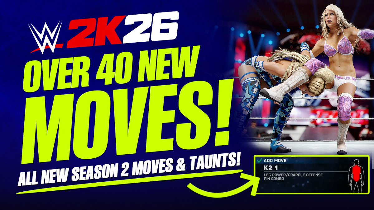 Smacktalks's tweet photo. Here's all of the new moves that were added in the Ringside Pass Season 2 update, along with 4 new moves that were patched in for free!

VIDEO: https://t.co/bVP0whLCHV

#WWE2K26 https://t.co/cA0SIIqMD2