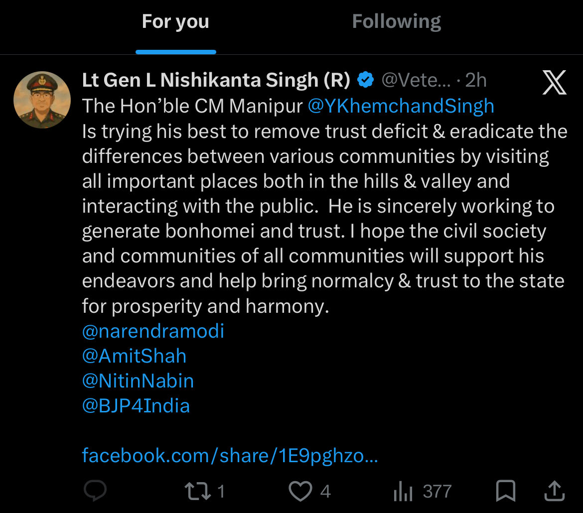 PremAna30485994's tweet image. @VeteranLNSingh 
Peace in Manipur cannot be selective—it must be collective.
Meities deserves security, justice n dignity. Violence from Kukis militants mz be condemned.
True normalcy will return only through accountability n decisive action.
#PeaceForManipur #JusticeForMeities