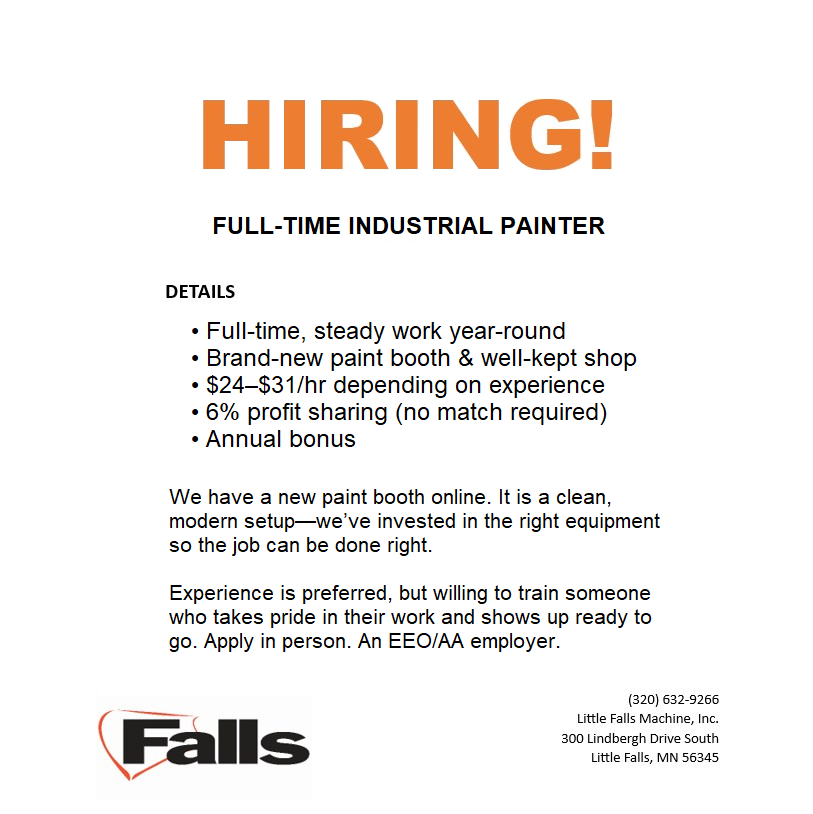 cdcmorrisonmn's tweet image. 📢 HIRING!
#LittleFallsMachine is seeking applicants for a FT #IndustrialPainter! New paint booth=new painter to join the team.

Experience is preferred, but willing to train!

APPLY in person:
300 Lindbergh Dr So
#LittleFallsMN

#GoodJobsNow #MNjobs #FallPlows #MorrisonCounty