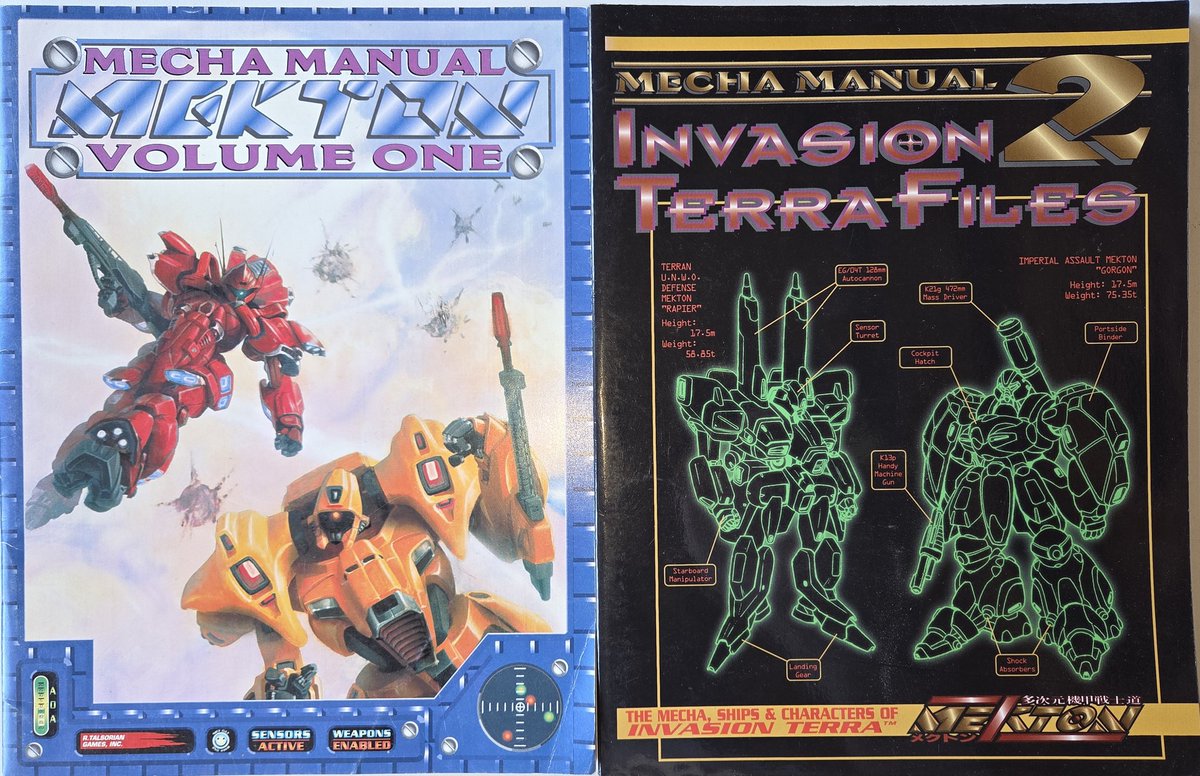 ToirNiMhaille's tweet image. A #ttrpg from my collection. Mekton was the Mecha game that wasn't Battletech, and predates Heavy Gear.

This is the Mekton Zeta version (3rd edition), but I had it from the original version. I have those books buried in boxes somewhere...

#trpg #rpg