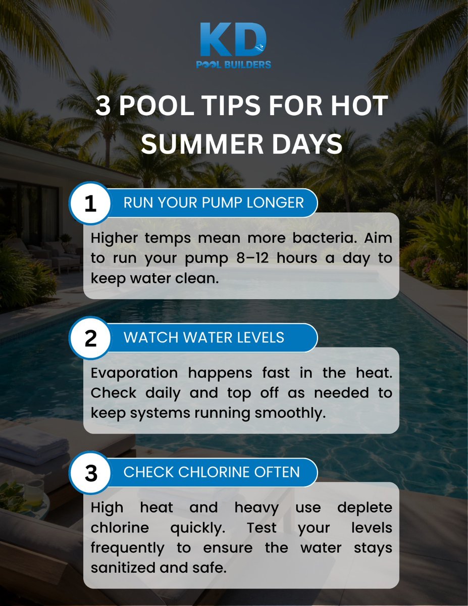 kdpool_builders's tweet photo. Maintaining your pool in hot summer weather is essentialπββοΈ
Heat can reduce chlorine effectiveness and affect water quality. Regular monitoring and proper system care keep your pool clean, safe, and balanced all season long β¨
https://t.co/hRe84FgAUi
#PoolCareGuide #KDPoolBuilders https://t.co/dTFSi3cmZu