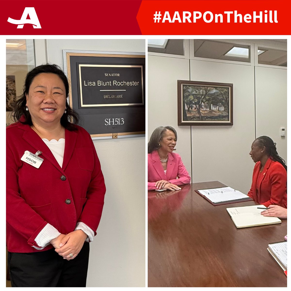 AARPDE's tweet photo. AARP CEO Myechia Minter-Jordan accompanied AARP Delaware's Bonnie Wu for a Hill visit with Sen. Lisa Blunt Rochester to advocate for fraud prevention, Social Security and Caregiving. #AARPontheHill https://t.co/EQGnYRRco5